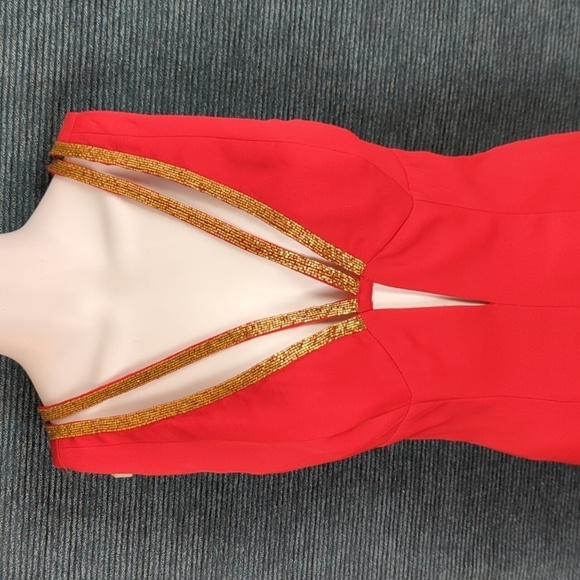 Vintage Dresses & Skirts - Peak Evenings Gold Beaded Red Dress